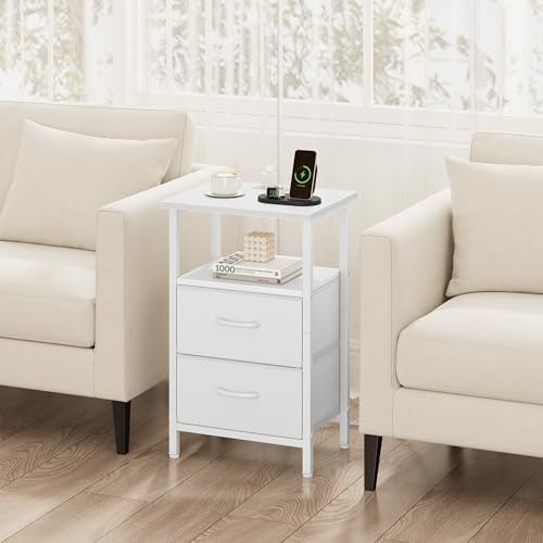 Vagusicc Nightstand with Charging Station, End Table with Fabric Drawers, Side Tables with Storage Shelf, 24.2" Tall Bedside Table with USB Ports & Outlets, Night Stand for Bedroom, White