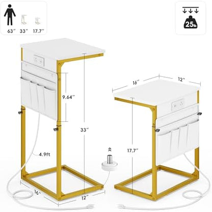 Vagusicc C-Shaped End Table with Charging Station, Small Side Table for Couch, 33" Tall C Table Adjustable Height Side Table, Couch Tables that Slide Under, Sofa Table TV Tray for Living Room, Golden