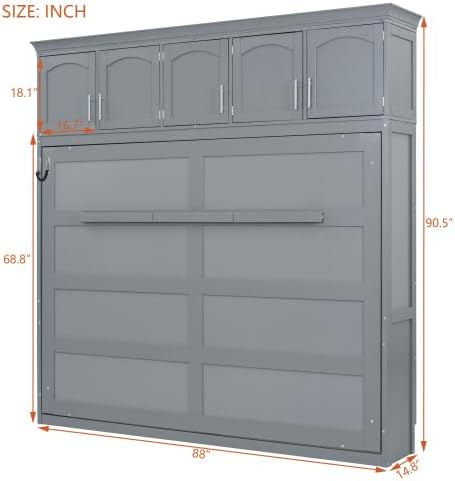 Queen Murphy Bed Cabinet, Wall Bed with Storage, Folding Cabinet Bed with Dual Piston Metal Mechanism, Murphy Cabinet Space Saving Bed for Guest Room, Home Office, Apartment (Gray -z1)