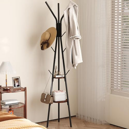 HOMEFORT Coat Rack, Coat Hanger Stand with 2 Shelves, Freestanding Hall Tree, Metal Hat Hanger with 12 Hooks for Clothes Hats and Scarves, Black and Rustic Brown,15.7" Wx15.7 Dx72.8H
