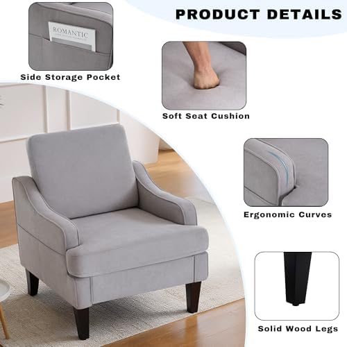 Set of 2 Accent Chair for Living Room,Mid-Century Arm Chair Fabric Living Room Chairs,Upholstered Reading Chair for Bedroom,Single Sofa Chair with Wood Legs for Apartment (Grey)