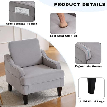 Set of 2 Accent Chair for Living Room,Mid-Century Arm Chair Fabric Living Room Chairs,Upholstered Reading Chair for Bedroom,Single Sofa Chair with Wood Legs for Apartment (Grey)