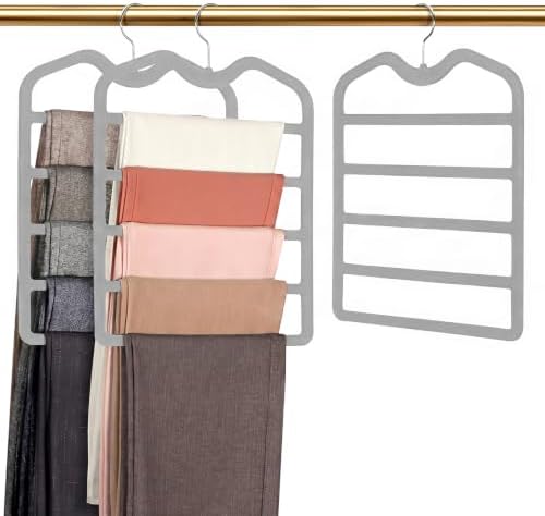 Pants Hangers Space Saving,3 Pack 5 Tier Velvet Short Neck Pants Hangers