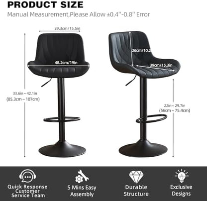 Modern Bar Stools Set of 6, Adjustable Swivel Counter Height Kitchen Bar Stools with Backrest, Faux Leather Padded Seats, Kitchen Island Chairs for Breakfast Bar, Black