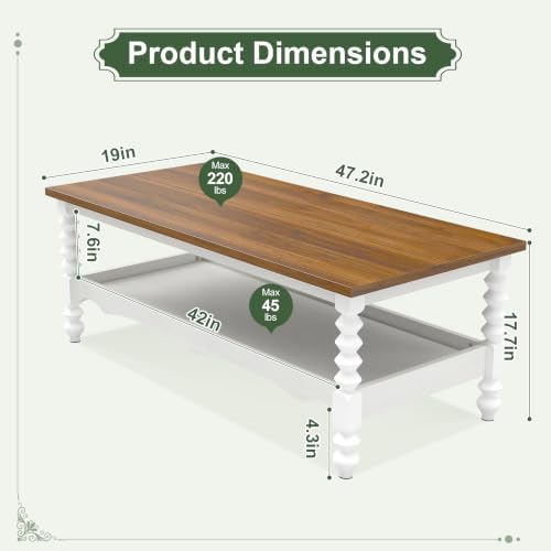 YOSHOOT Wood Coffee Table, Classical Coffee Tables, Center Table for Living Room, White 120
