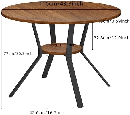 Round Dining Table for 4, 43 Inch Dining Room Kitchen Table with 1-Tier Storage Shelf, Modern Farmhouse Dinner Furniture(Walnut-43 inches)