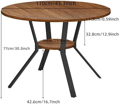 Round Dining Table for 4, 43 Inch Dining Room Kitchen Table with 1-Tier Storage Shelf, Modern Farmhouse Dinner Furniture(Walnut-43 inches)