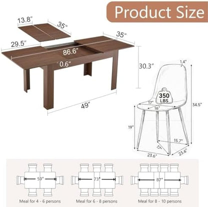 7 Piece Dining Table Set for 6｜ 59-87 Inch Extendable Rectangular Dining Table with 6 Chairs and 2 Extension Leaves｜Modern Walnut Wood Kitchen & Dining Room Set