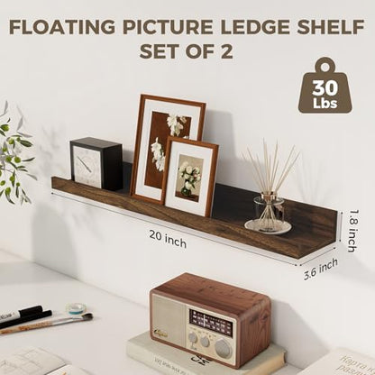Picture Ledge Shelf, 20 Inch Walnut Floating Shelves Set of 2