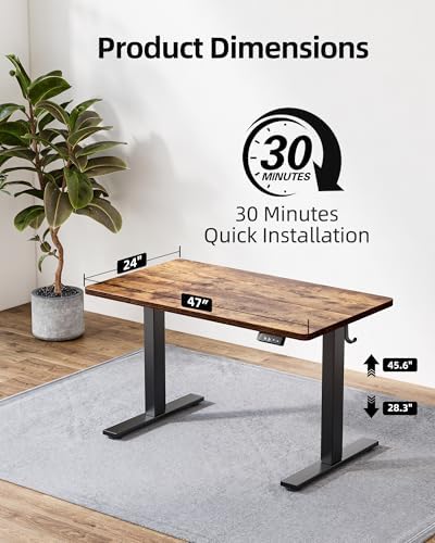 TIQLAB Standing Desk 47 x 24 inch, Electric Height Adjustable with Splice Board, Stand Up Desk, for Home Office, Black Frame/Rustic Brown Top
