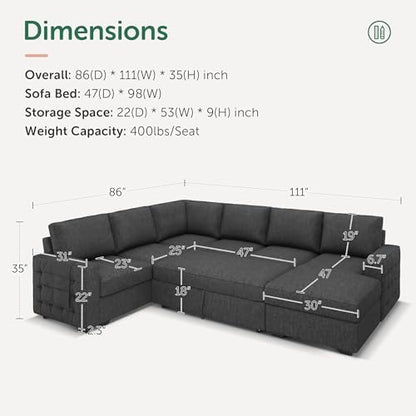 HONBAY Sectional Couch with Pull Out Bed, U-Shaped Sectional Sleeper Sofa with Storage, 6 Seater Sectional Sofa Bed, Mid-Grey