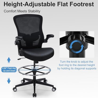 Drafting Chair 400lbs Heavy Duty Tall Office Chair Big and Tall Ergonomic Standing Desk Chair with Lumbar Support and Adjustable Footrest Ring, Comfy Mesh Wide Chair with Flip-up Armrests, Black