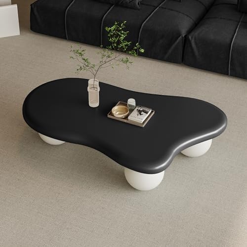 47" Cloud Shaped Coffee Table with 3 Ball Legs, Modern Minimalist Accent Tea Table for Living Room, Bedroom, Apartment or Office, Spacious MDF Surface, Kid & Pet Friendly, Black+White