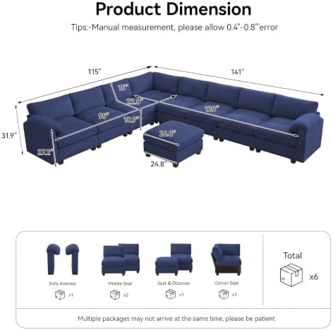 Modular Sectional Sofa, 141'' Oversized Deep Seat V Shaped Couch, Blue