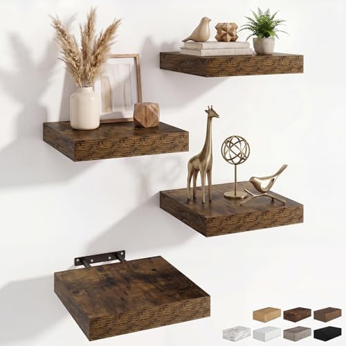 RICHFOCUS 8Inch Square Floating Shelves for Wall 4Pack|Rustic Brown