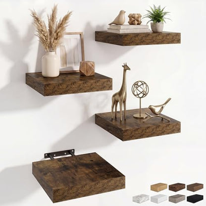 RICHFOCUS 8Inch Square Floating Shelves for Wall 4Pack|Rustic Brown