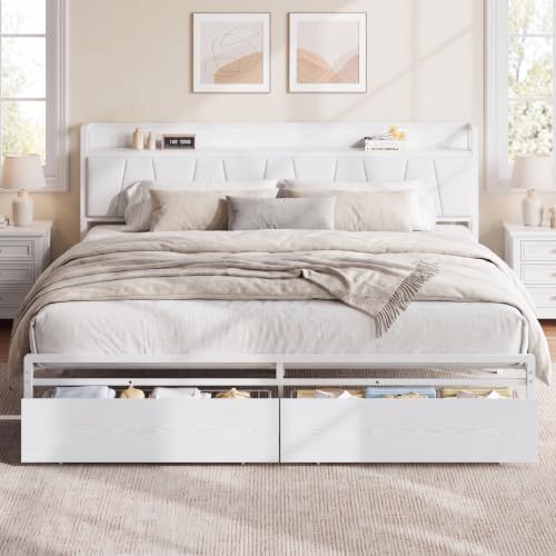 LIKIMIO California King Size Bed Frame with 2 Drawers and Charging Station