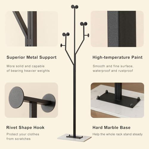 Freestanding Coat Rack Marble Base Coat Tree Heavy Duty(Black)