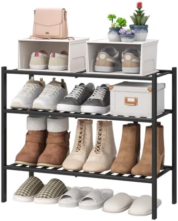 3-Tier Black Bamboo Shoe Rack for Closet, Stackable, 27" W