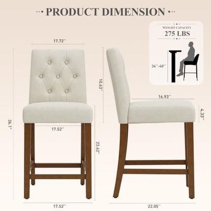 MALOL Bar Stools Set of 1, Fabric Counter Height Bar Stools,Beige