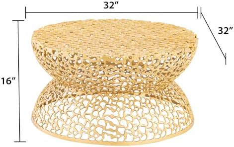 35" Gold Aluminum Round Coffee Table with Geometric Cutout Base