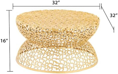 35" Gold Aluminum Round Coffee Table with Geometric Cutout Base