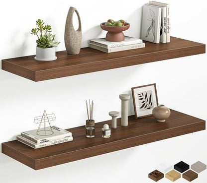 40 Inch Floating Shelves, 12 Inch Deep Wall Shelves, 40 x 12 Floating Shelf Set of 2, Walnut Wood Floating Shelf Wall Mounted, Large Kitchen Living Room Bedroom Bathroom Storage Shelves