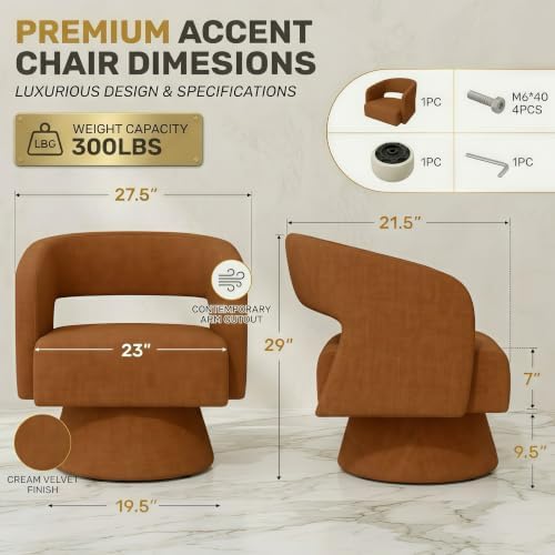 Swivel Accent Chair Set of 2,Mid-Century Barrel Chair(Caramel-chenille)