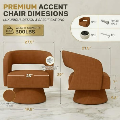 Swivel Accent Chair Set of 2,Mid-Century Barrel Chair(Caramel-chenille)