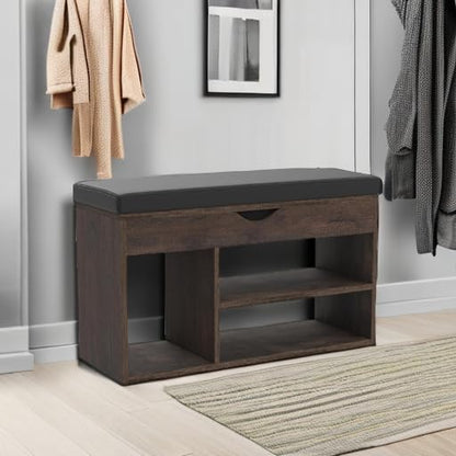 Apicizon 31 Inches Storage Bench with Padded Cushion, Shoe Bench with Storage Space, Upholstered Entryway Bench for Living Room, 2-Tier Shoe Rack Organizer, Brown