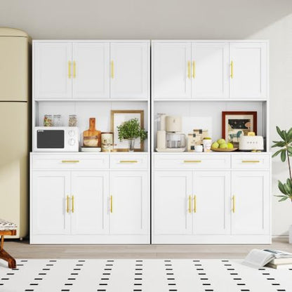 71"Large Metal Pantry Storage Cabinet with 2 Drawers,Farmhouse Wide Kitchen Pantry Storage with Adjustable Shelves,Tall Kitchen Hutch with Countertop for Dining Room and Living Room,Home Office,White