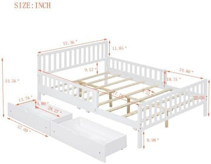 Bellemave Full Size Kids Platform Bed with Fences and 2 Drawers, Wooden Full Bed Frame with Guardrails on Both Sides for Boys Girls, White