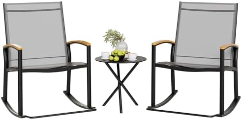 Shintenchi 3 Piece Outdoor Rocking Bistro Set, Textilene Fabric Small Patio Furniture Set, Front Porch Rocker Chairs Conversation Set with Table for Lawn, Garden, Balcony, Poolside (Light Gray)