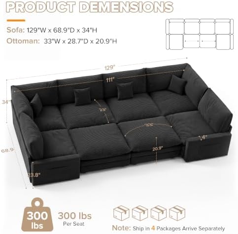Oversized Modular Sectional Sofa, Cloud Couch with 2 Ottomans & 2 Corners