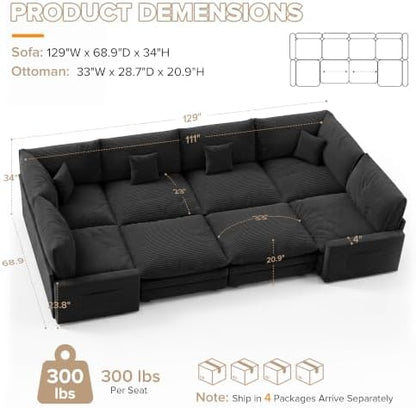 Oversized Modular Sectional Sofa, Cloud Couch with 2 Ottomans & 2 Corners