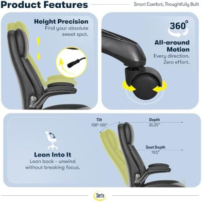 Serta Big and Tall Office Chair with Lumbar Support, Flip Arm Leather Chair