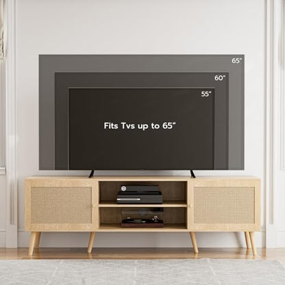 TV Stand with Rattan Doors for TVs up to 65", Mid-Century, Natural