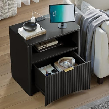 Evermagin Fluted Nightstand Set of 2 with Charging Station, Black