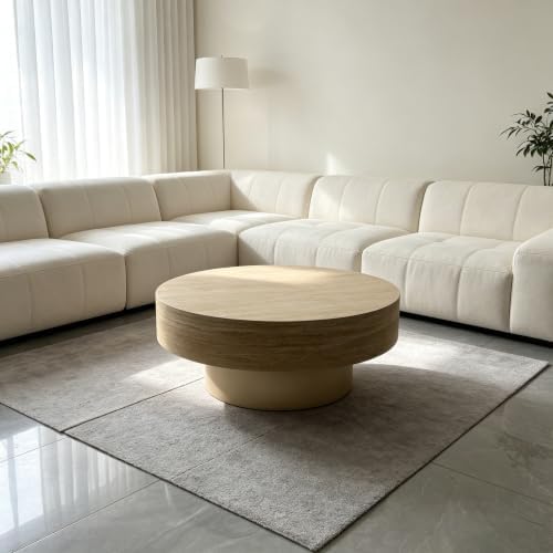 31.88" Round Travertine Coffee Table with Gold Pedestal Base