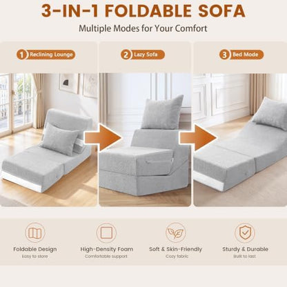 3-in-1 Folding Sofa Bed, Convertible Sleeper Chair, Grey