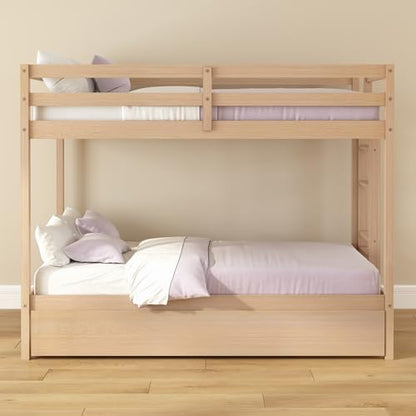 Grain & Grove Bear Twin Over Twin Bunk Bed with Trundle Bed, Sturdy Bunk Bed Frame for Kids, Plywood Bunk with Ladder, Guardrail, and Slats, No Box Spring Required, Oak Embossed Natural