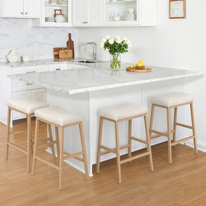 Counter Height Bar Stools Set of 3, Saddle Seat, Ivory White