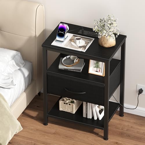 DUMOS Night Stand Set 2 with Charging Station, End Table with Fabric Drawer