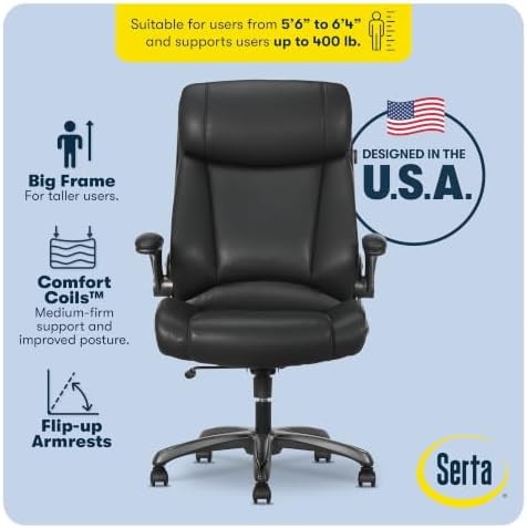 Serta Big and Tall Office Chair with Lumbar Support, Flip Arm Leather Chair