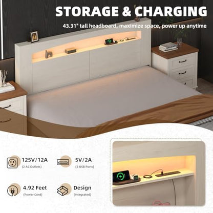 King Size Wooden Headboard Only with Storage(Off-White, King)