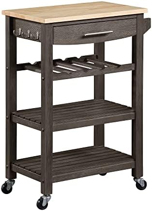 Convenience Concepts Ellaine 4 Tier Kitchen Cart with Drawer and Wine Rack, 24.75 x 16.5 x 34.5, Wirebrush Dark Gray/Butcher Block