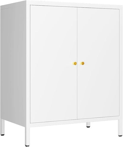 2 Door Metal Accent Storage Cabinet for Home, Living Room, Office Room,Kitchen-Metal Locker Cabinet with 1 Adjustable Shelves-2-Tier (Small 2 Door Cabinet, White)