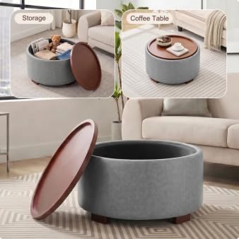 29.1 Inch Round Ottoman Coffee Table, Ottoman with Storage, Leather Grey | Storage Ottoman with Removable Lid Top, Solid Wood Legs, Round Ottoman for Living Room, Bedroom, Apartments