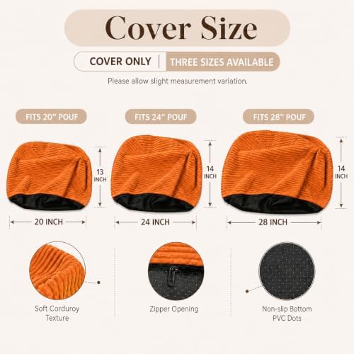 Storage Pouf Cover, No Filler, Corduroy, Pumpkin Orange, 20 Inch