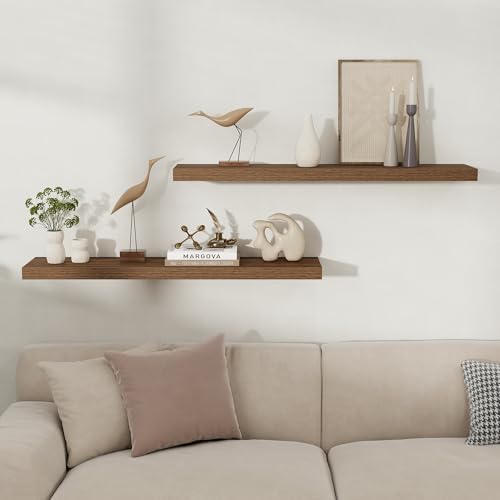Floating Shelves for Wall, 40 Inch Long Set of 2 Rustic Wood Wall Shelves with Invisible Brackets, Heavy Duty Storage Display for Living Room Bedroom Kitchen, Walnut